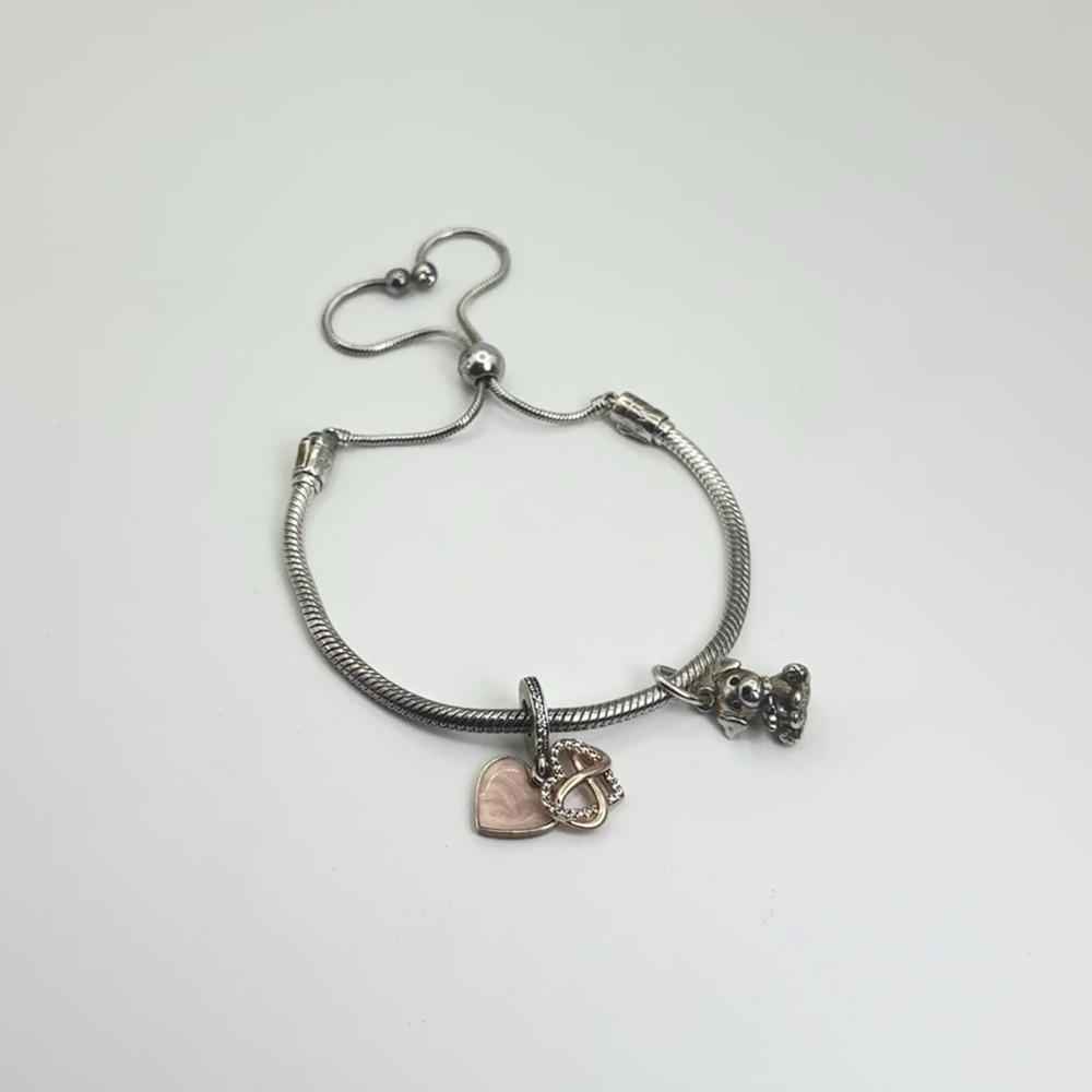 Pandora‎ Snake Chain Slider Bracelet w/ Puppy Charm & Infinity Heart Dangle S925